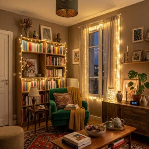 Guirlandes lumineuses dans un salon cozy avec coin lecture