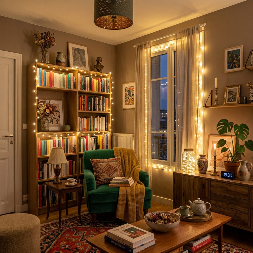 Guirlandes lumineuses dans un salon cozy avec coin lecture