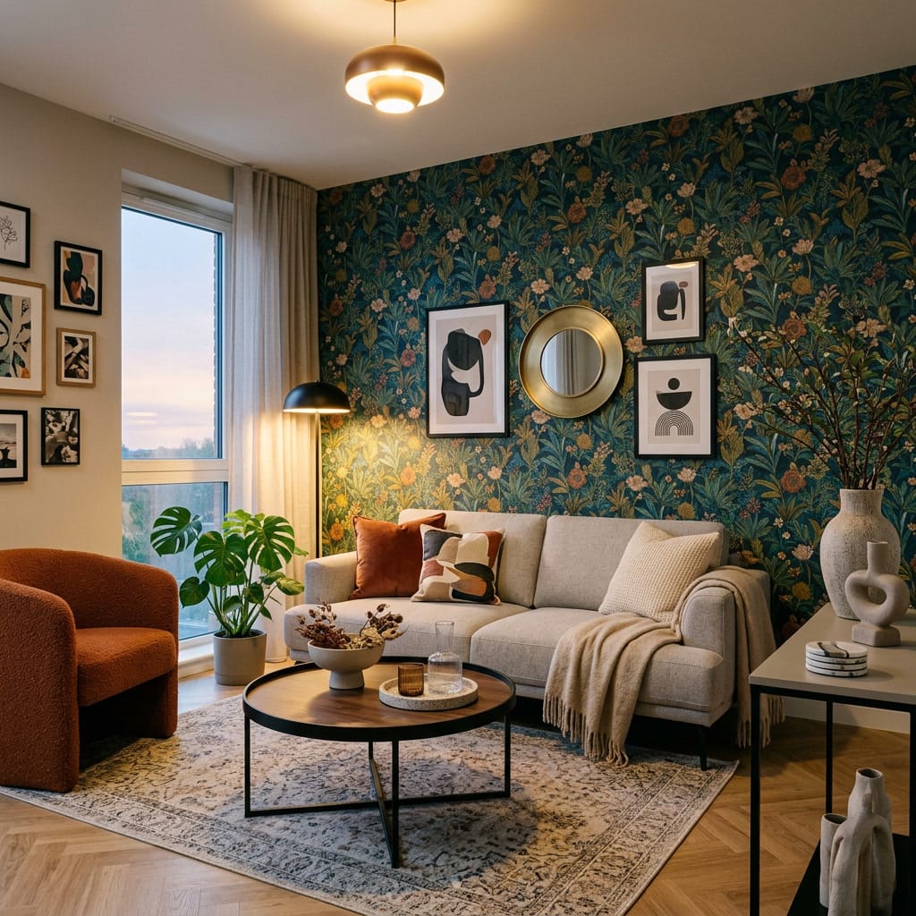 Papier peint tendance habillant un intérieur chaleureux et harmonieux avec une combinaison de motifs, textures et couleurs soigneusement orchestrés
