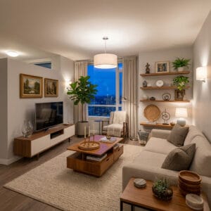 Aménagement du salon cosy et fonctionnel avec canapé central mobilier épuré éclairage tamisé et accessoires chaleureux