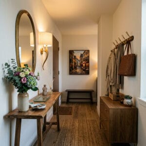 Aménagement entrée chaleureux avec console en bois, miroir, patères et tapis naturel