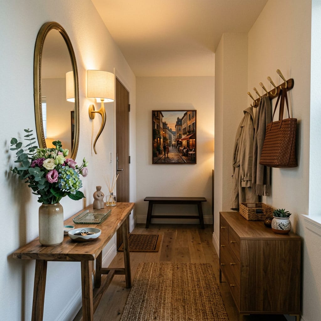 Aménagement entrée chaleureux avec console en bois, miroir, patères et tapis naturel
