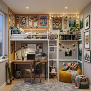 Chambre ado cosy avec lit mezzanine bureau bien éclairé coin détente et guirlandes lumineuses pour un espace fonctionnel et personnel