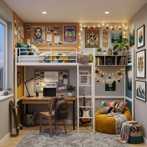 Chambre ado cosy avec lit mezzanine bureau bien éclairé coin détente et guirlandes lumineuses pour un espace fonctionnel et personnel