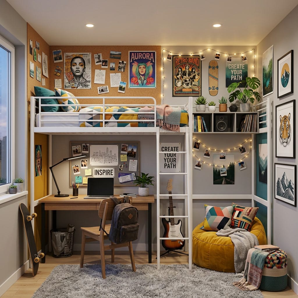 Chambre ado cosy avec lit mezzanine bureau bien éclairé coin détente et guirlandes lumineuses pour un espace fonctionnel et personnel