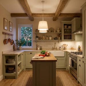 Cuisine campagne chic avec meubles en bois, pierre naturelle et finitions élégantes