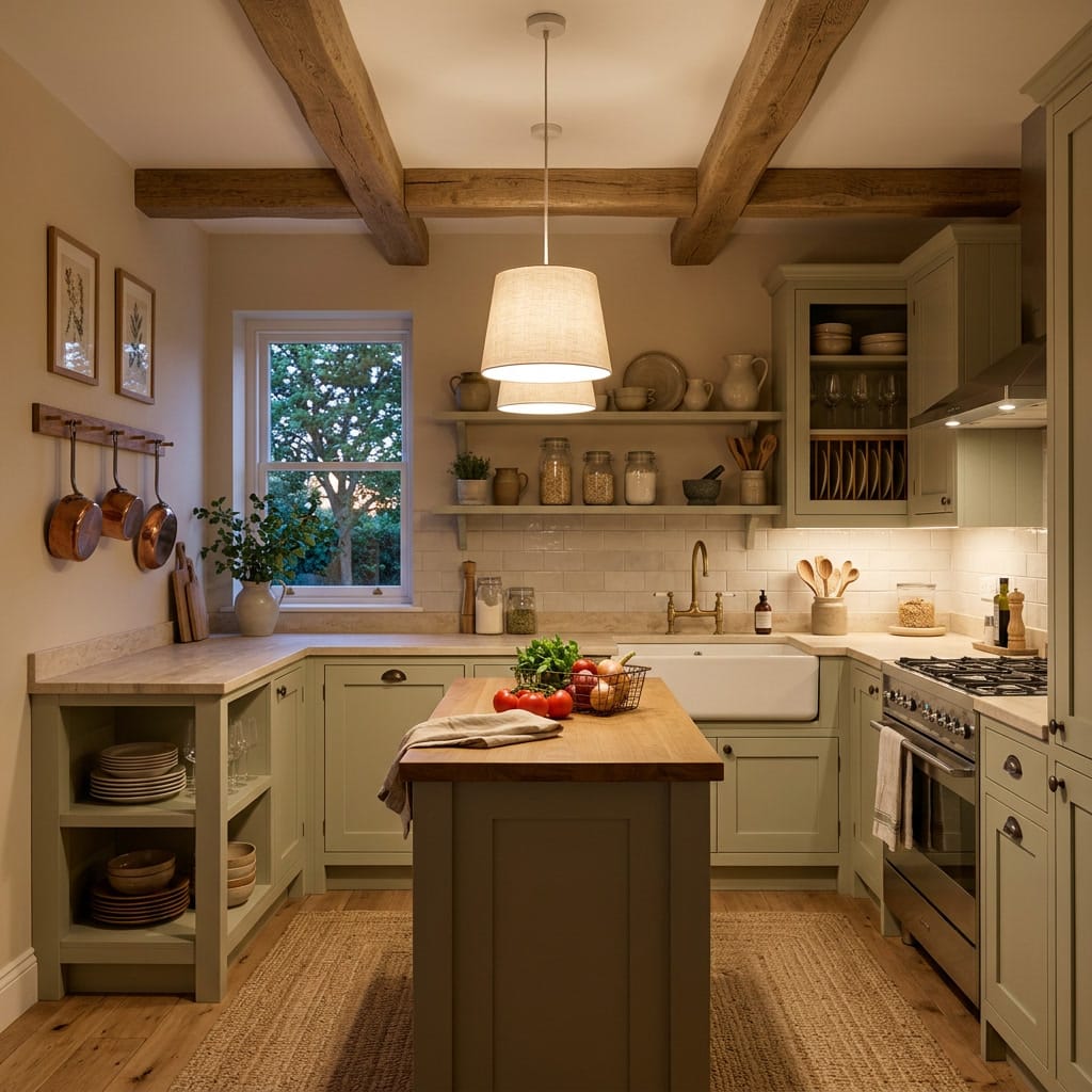 Cuisine campagne chic avec meubles en bois, pierre naturelle et finitions élégantes