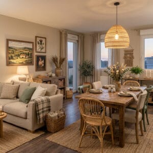 Séjour et salle à manger deco campagne chic avec bois patiné, lin naturel et ambiance chaleureuse