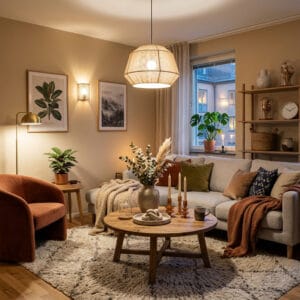 Deco salon cosy avec textiles moelleux éclairage doux et accessoires chaleureux pour une ambiance cocooning
