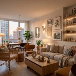 Décoration appartement cosy avec matières naturelles éclairage doux et accessoires personnalisés pour un intérieur chaleureux