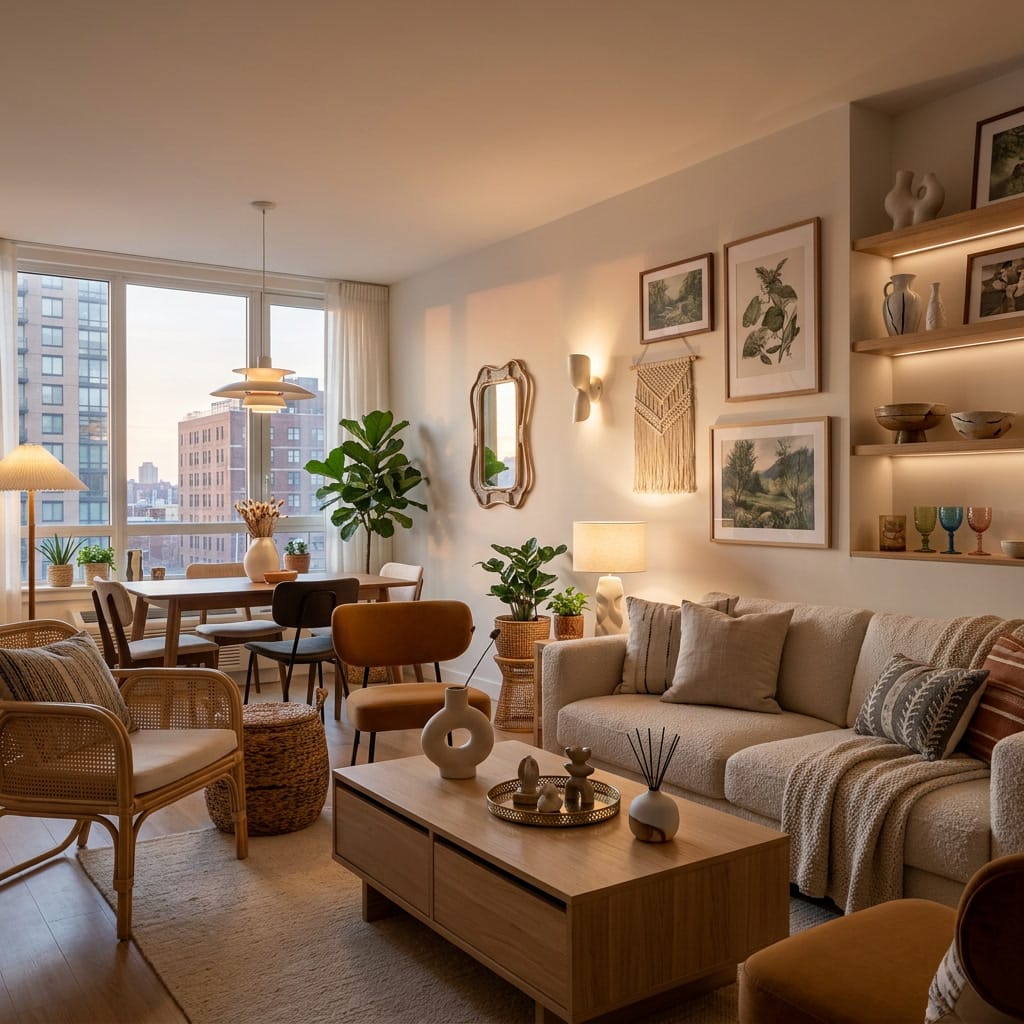Décoration appartement cosy avec matières naturelles éclairage doux et accessoires personnalisés pour un intérieur chaleureux