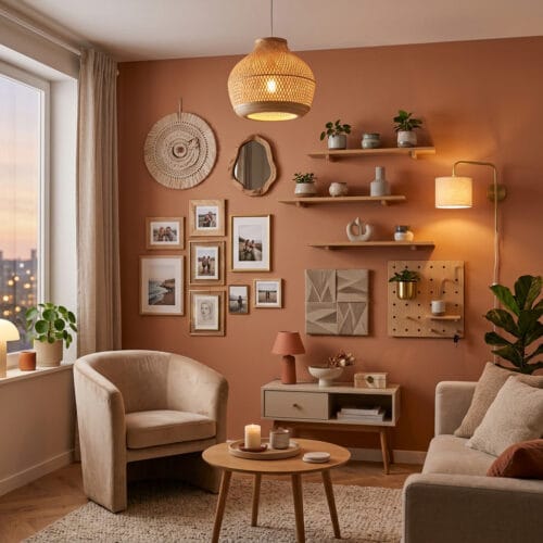Décoration murale salon cosy avec étagères bois miroirs organiques textiles et objets artisanaux pour une ambiance chaleureuse