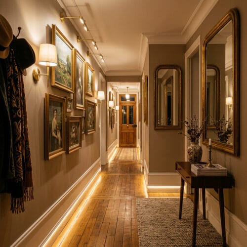 Éclairage couloir avec spots orientables bandeaux LED et appliques murales en laiton pour une ambiance cosy moderne et élégante