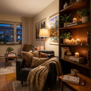 Intérieur cosy et cocooning avec bougies maison parfumées dans des bocaux en verre