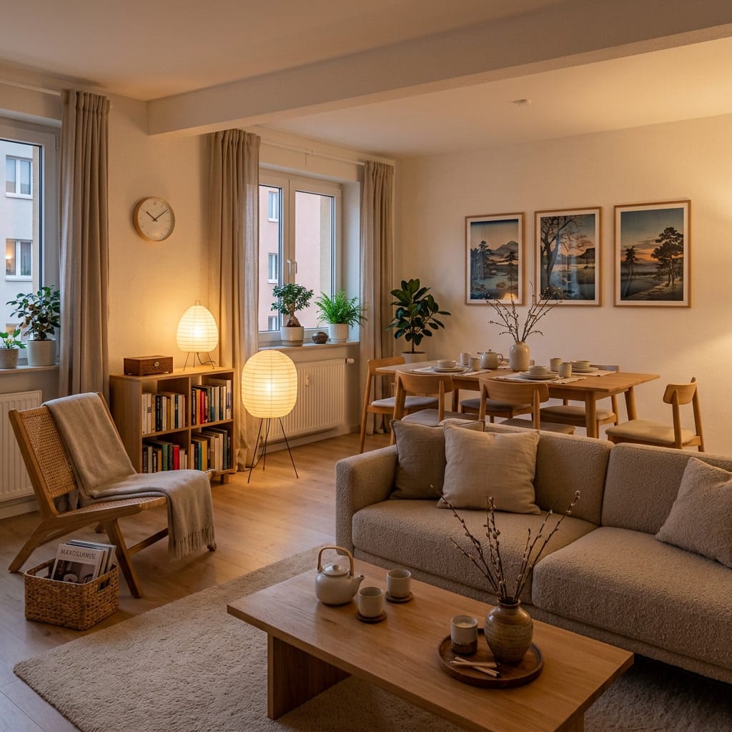 Intérieur Japandi épuré alliant bois naturel matières brutes et palette neutre pour une ambiance minimaliste et cozy