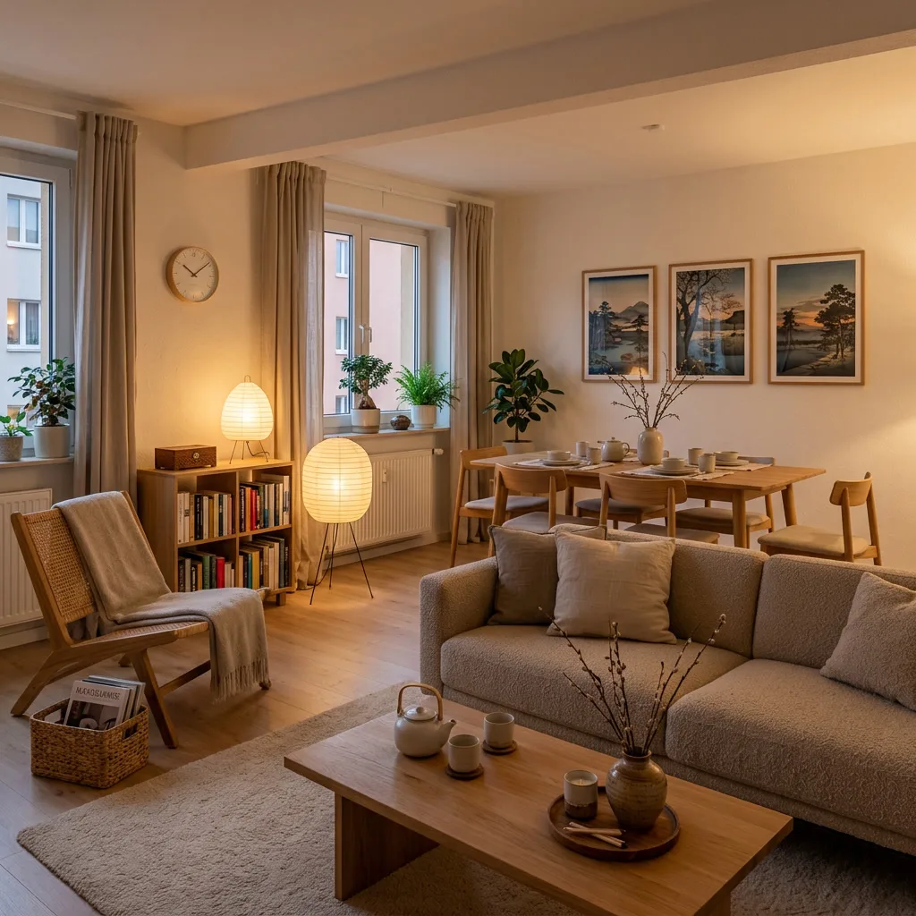 Intérieur Japandi épuré alliant bois naturel matières brutes et palette neutre pour une ambiance minimaliste et cozy
