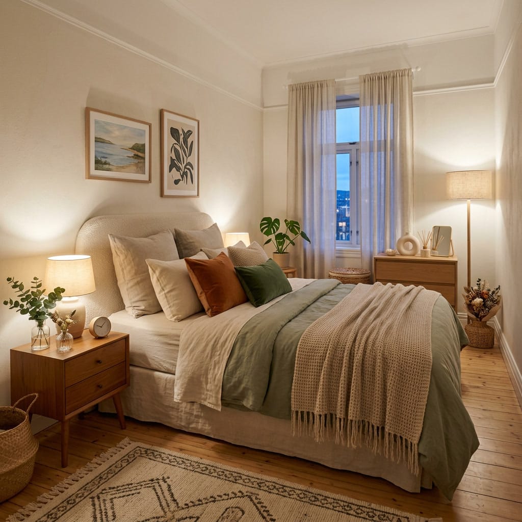 Lit cosy douillet superposition textiles naturels coussins plaids ambiance apaisante et chaleureuse
