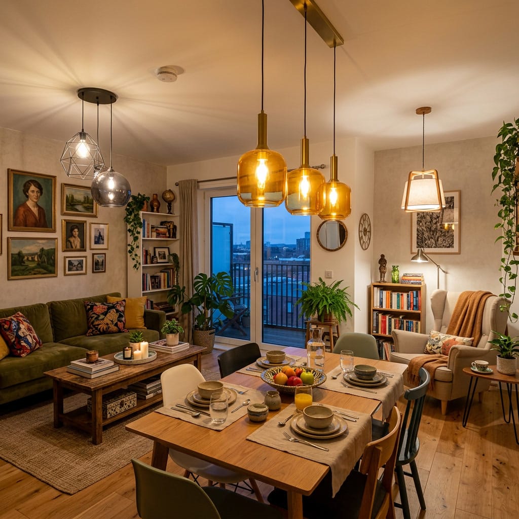 Luminaires suspendus aux teintes chaudes dorées et cuivrées pour une ambiance cosy et moderne