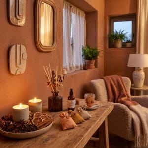 Intérieur cosy avec bougies, épices et diffuseurs naturels pour créer un parfum d'ambiance maison chaleureux