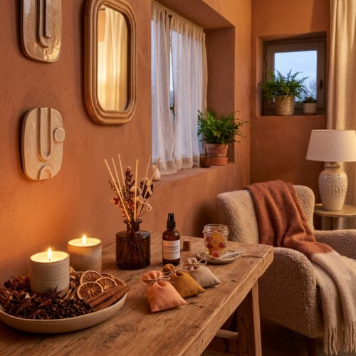 Intérieur cosy avec bougies, épices et diffuseurs naturels pour créer un parfum d'ambiance maison chaleureux
