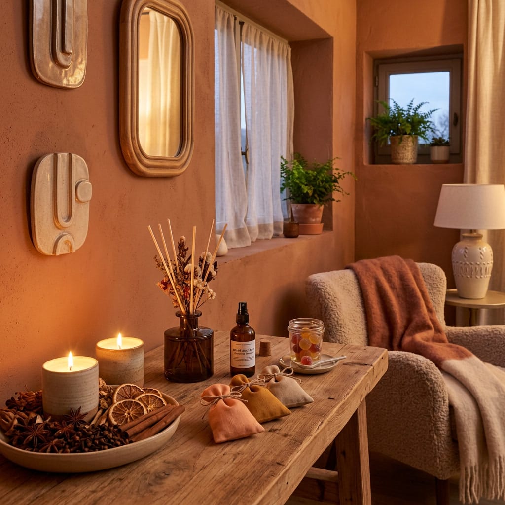 Intérieur cosy avec bougies, épices et diffuseurs naturels pour créer un parfum d'ambiance maison chaleureux