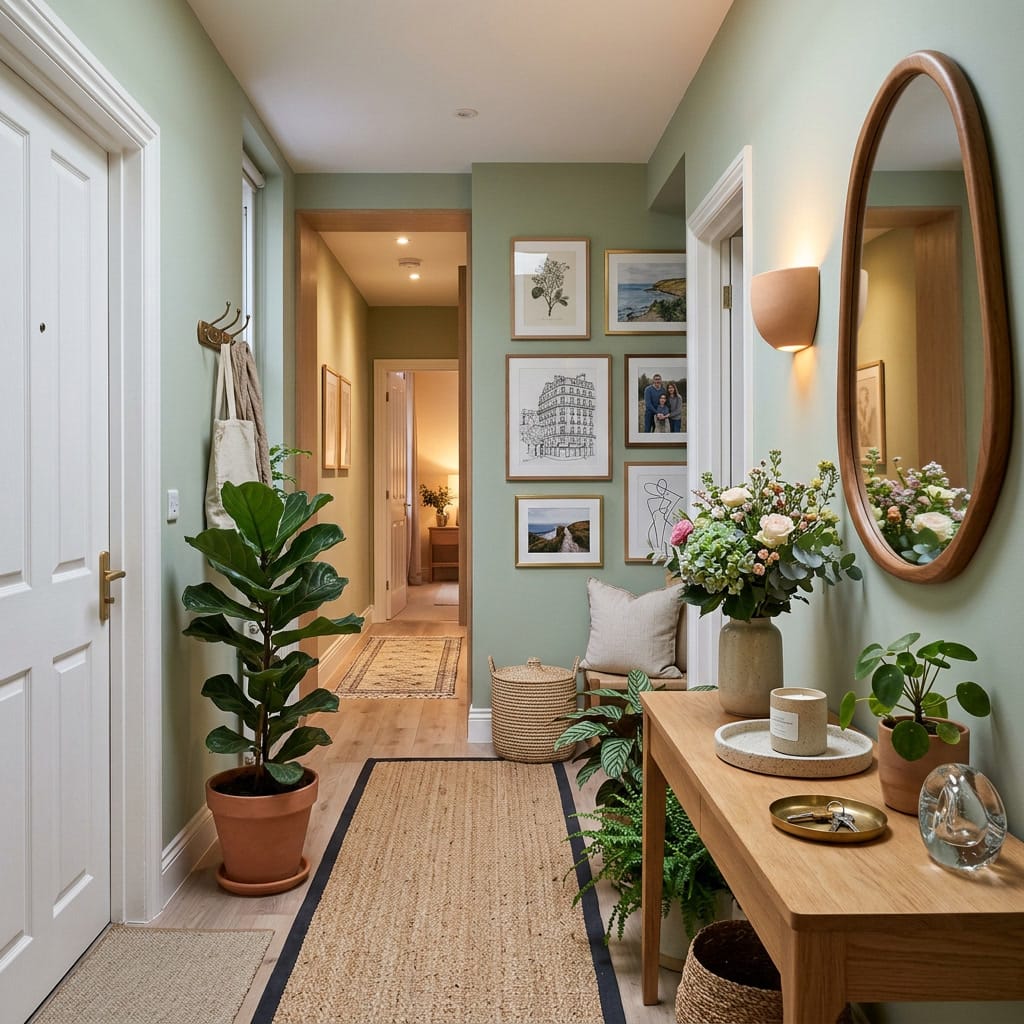 Peinture couloir cosy en vert sauge avec console en bois miroir organique tapis naturel et plantes vertes pour une entrée chaleureuse