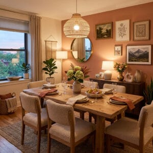Salle à manger cosy et harmonieuse avec mobilier en bois, lumière tamisée et décoration chaleureuse