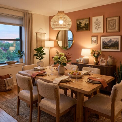 Salle à manger cosy et harmonieuse avec mobilier en bois, lumière tamisée et décoration chaleureuse