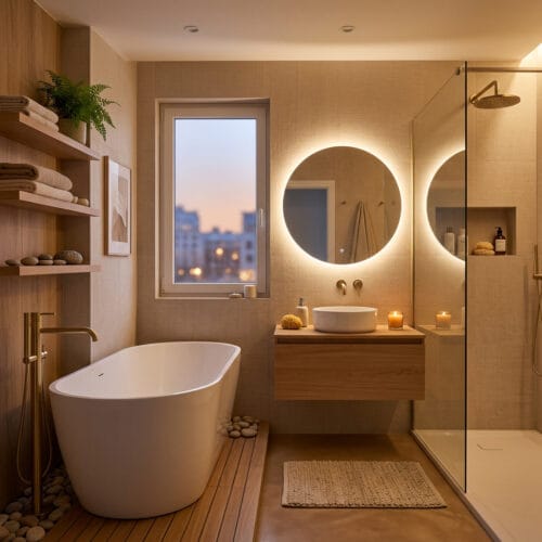 Salle de bain zen avec matériaux naturels, éclairage tamisé et plantes vertes