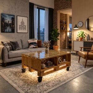 Table basse en palette de bois vernie avec roulettes industrielles et éclairage LED dans un salon cosy et industriel