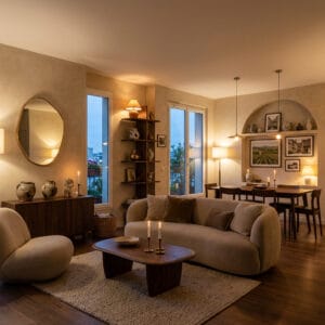 Intérieur cosy aux tendances deco actuelles avec lumières douces, matières naturelles et mobilier organique