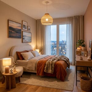 Chambre cosy avec éclairage tamisé, textiles doux et décoration chaleureuse pour une ambiance cocooning
