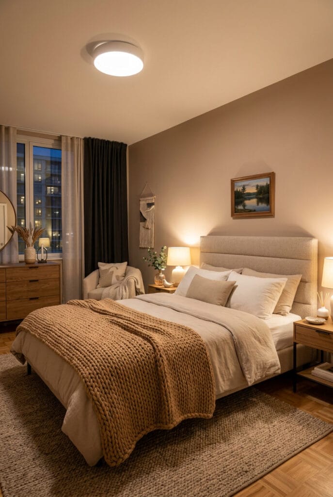 Plaid en maille chunky sur un lit de chambre parentale cosy