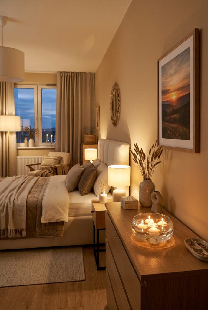 Bougies flottantes sur la commode d'une chambre parentale cosy