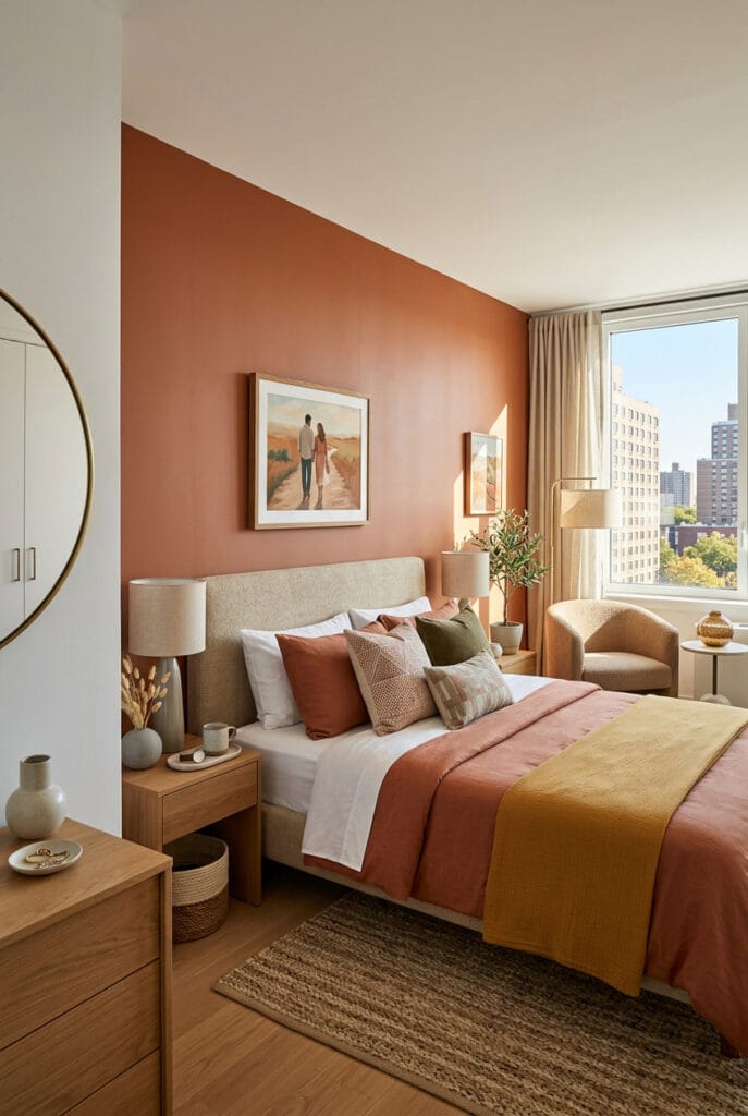 Mur terracotta derrière le lit d'une chambre parentale cosy