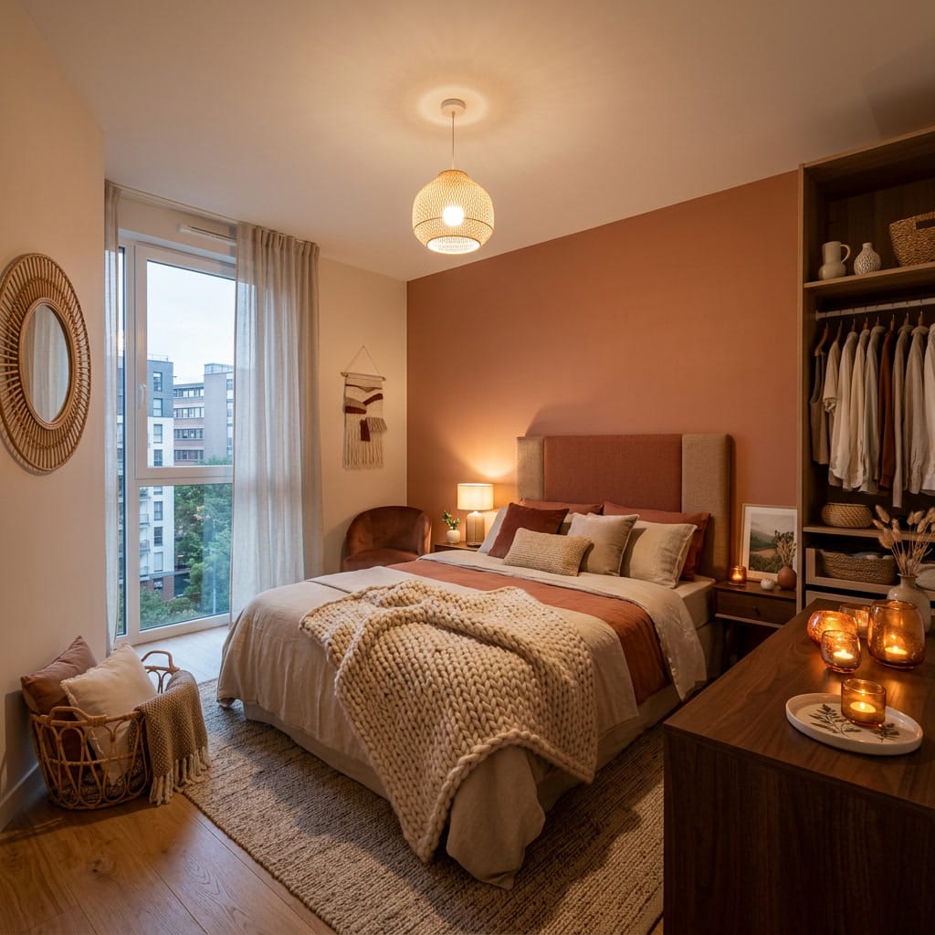 Chambre parentale cosy et chaleureuse avec déco cocooning en matières naturelles