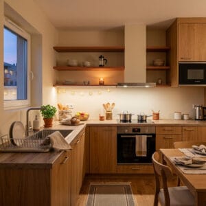 Cuisine cosy chaleureuse alliant couleurs douces, bois et éclairage tamisé