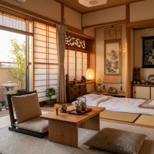 Décoration japonaise minimaliste et zen dans un intérieur épuré aux matériaux naturels