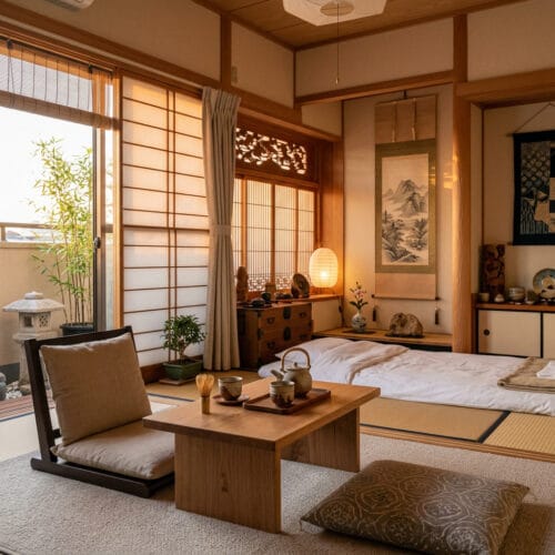 Décoration japonaise minimaliste et zen dans un intérieur épuré aux matériaux naturels