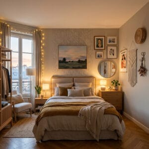 Décoration murale chambre cosy avec cadres, miroir, macramé, étagères et guirlandes lumineuses