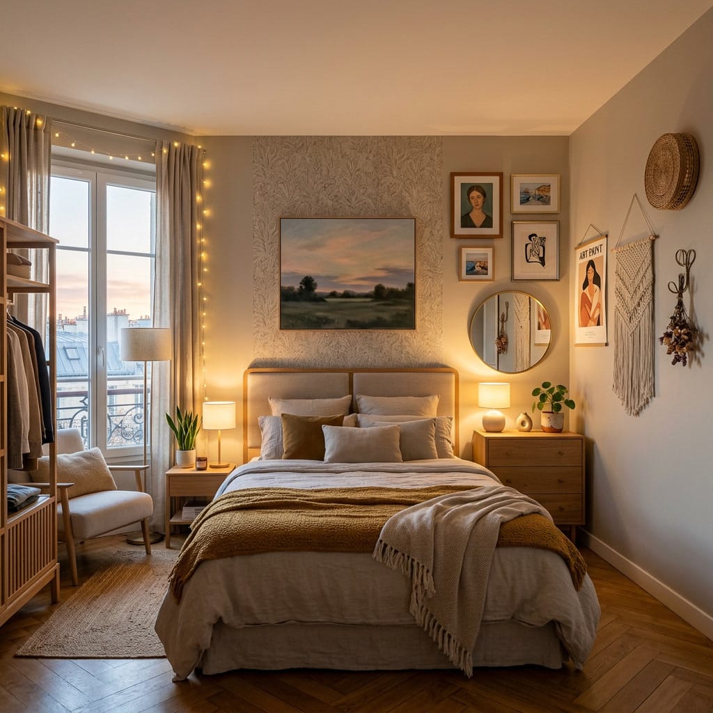 Décoration murale chambre cosy avec cadres, miroir, macramé, étagères et guirlandes lumineuses