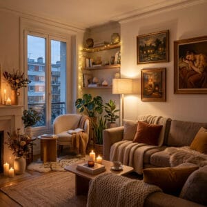Intérieur cocooning chaleureux avec lumière tamisée, textiles doux et déco naturelle