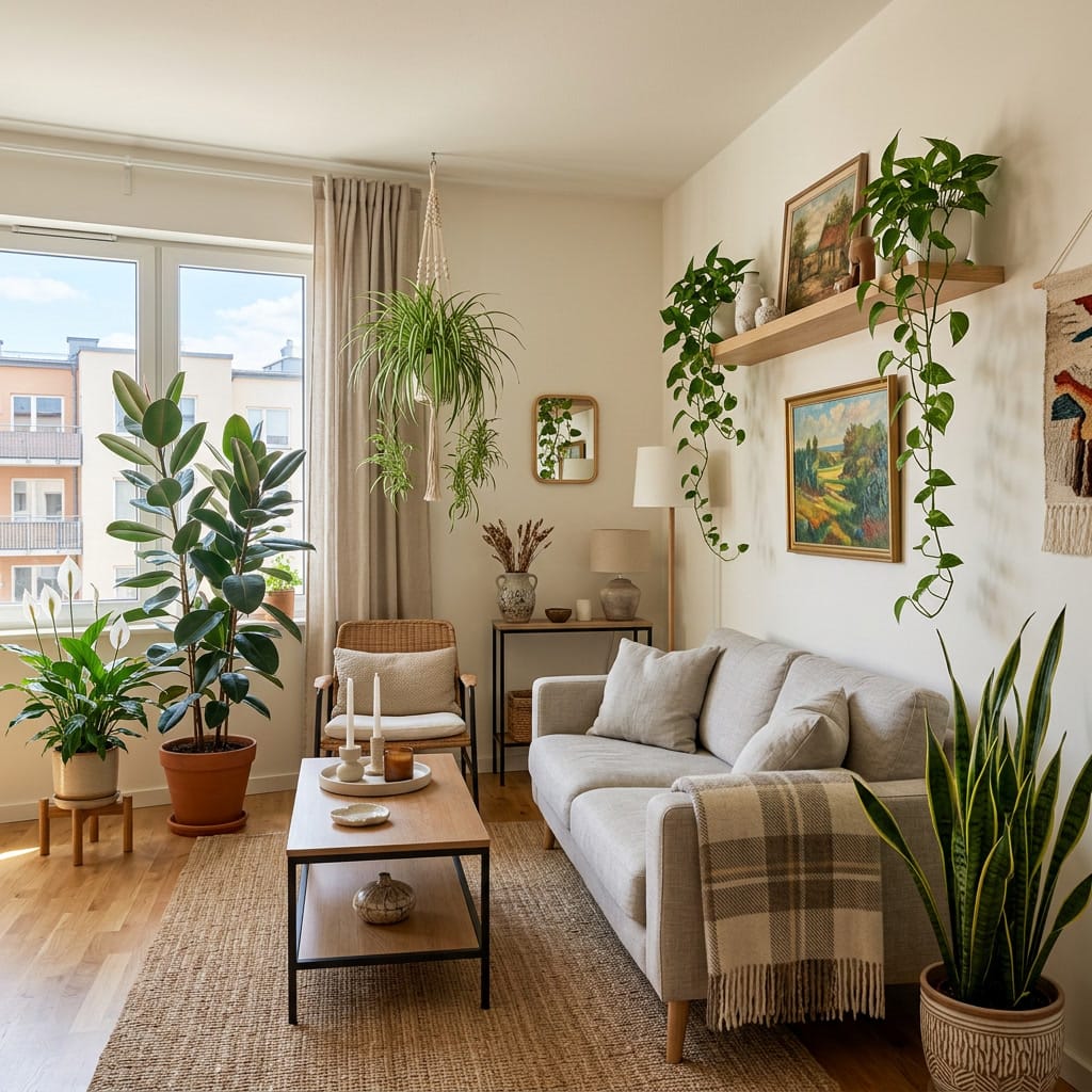 Salon cosy décoré avec des plantes d'intérieur purifiantes pour un intérieur sain