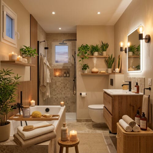Ambiance spa dans une salle de bain avec éclairage doux et déco naturelle