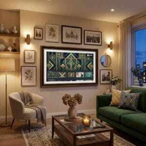 Tableau sur TV avec œuvre art déco dans un salon élégant