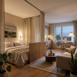 Aménagement d'un coin nuit cosy dans un studio avec séparation visuelle