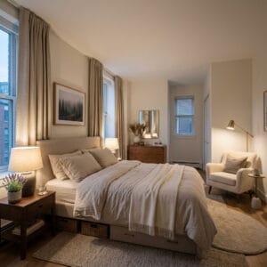 chambre a coucher zen et apaisante avec couleurs douces, rideaux occultants et coin détente pour un sommeil réparateur