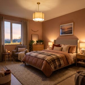 Chambre cocooning avec lit douillet, plaid en laine, coussins moelleux et éclairage tamisé
