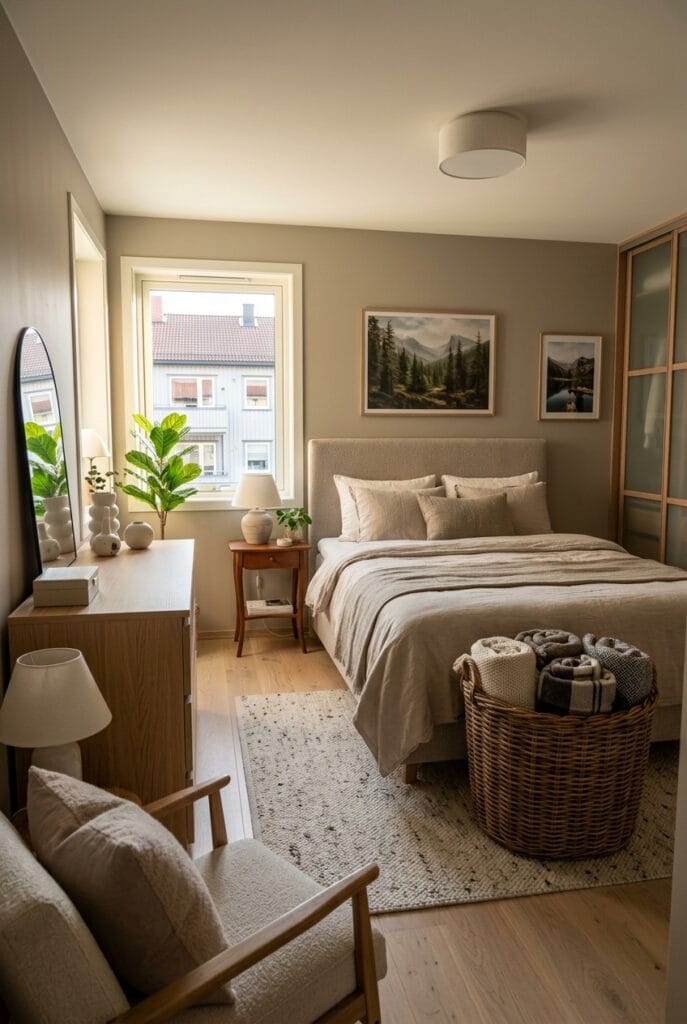 Panier en osier avec plaids dans une chambre parentale cosy