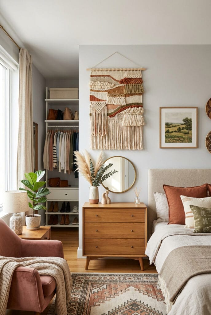 Tableau textile macramé au-dessus du lit d'une chambre parentale cosy